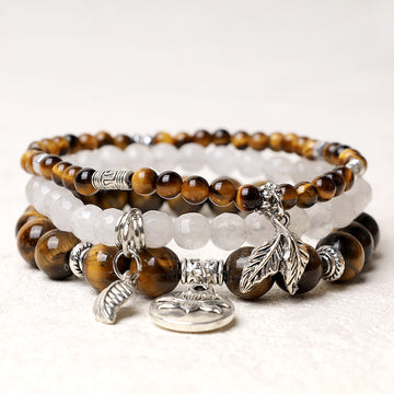 Tiger Eye 3PCS Beaded Lotus Charm Bracelet Set