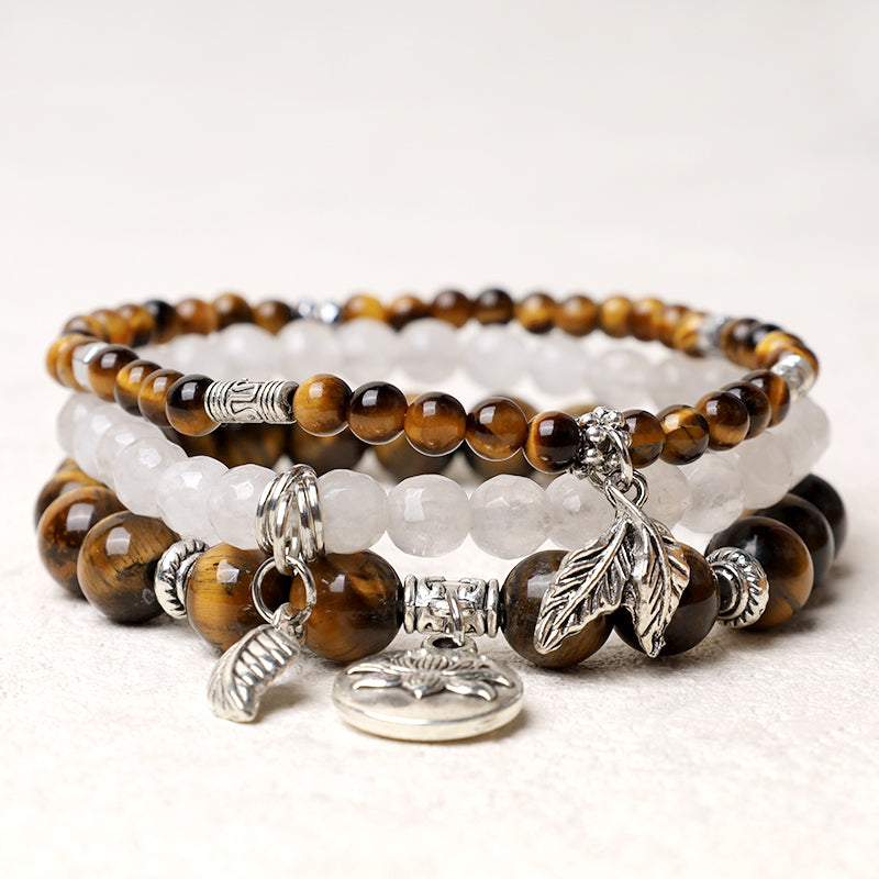 3PCS Natural Gemstone Beaded Lotus Charm Bracelet Set