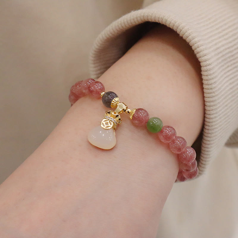 Natural Hetian Jade & Strawberry Quartz Beaded Bracelet with Clear Quartz