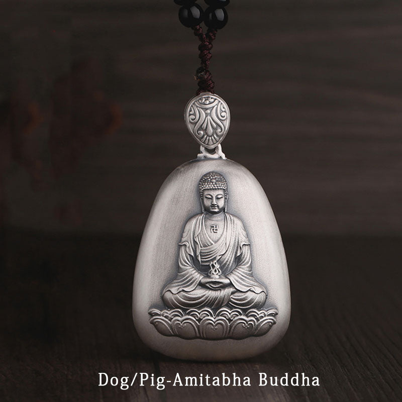 999 Sterling Silver Chinese Zodiac Natal Buddha Heart Sutra Engraved Protection Necklace Pendant