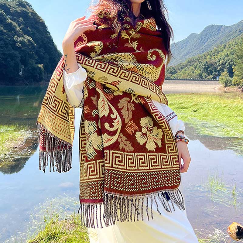 Tibetan Flowers Leaves Pattern Design Shawl Cozy Travel Scarf Wrap