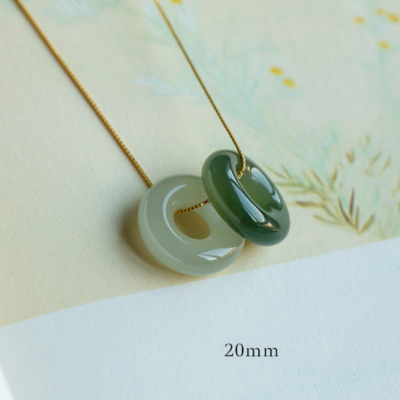 Natural Round Jade Ping An Kou 925 Sterling Silver Gold Plated Pendant Necklace