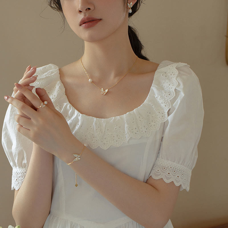 14K Gold Plated Copper Pearl Tridacna Stone Butterfly Blessing Ring Bracelet Necklace Pendant Earrings Set