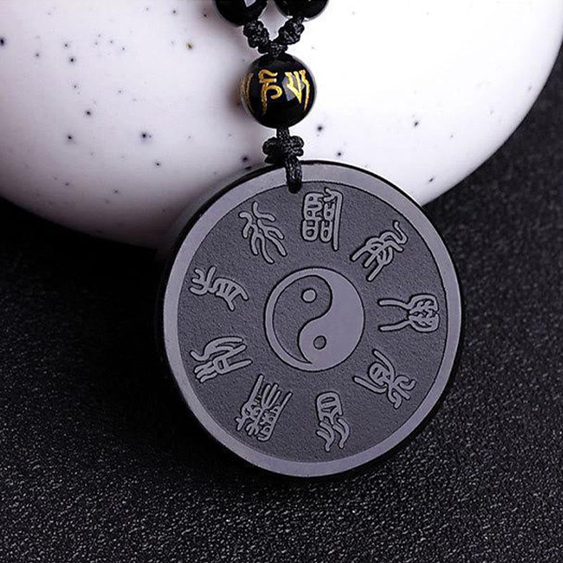 Natural Black Obsidian Taoism Five Sacred Mountains Nine-Character Mantra Carved Strength Yin Yang Necklace Pendant Key Chain