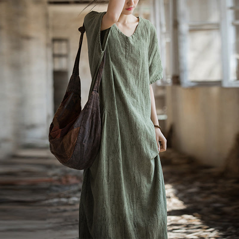 Handmade Tie Dye V-Neck Midi Dress Linen Short Sleeve Dress