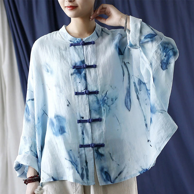 Tie Dye Blue Flowers Frog-Button Design Long Sleeve Ramie Linen Jacket Shirt