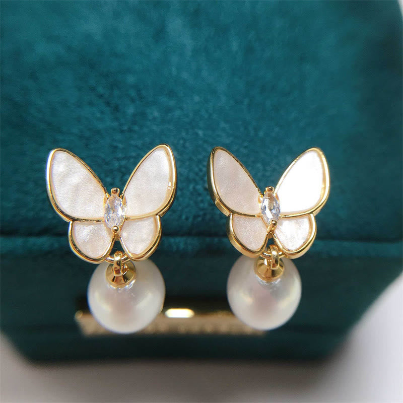 925 Sterling Silver Posts 18K Gold Plated Copper Pearl Butterfly Optimism Stud Earrings