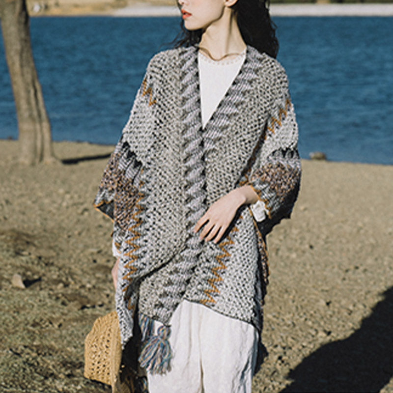 Tibetan Shawl Gray Brown Striped Knitted Tassels Winter Cozy Travel Scarf Wrap