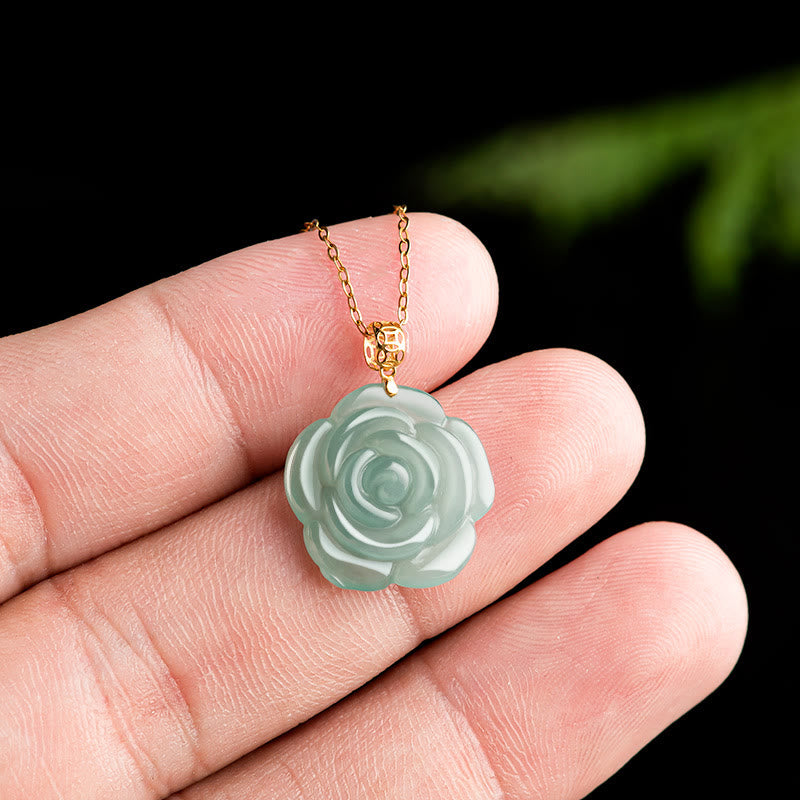 18K Gold Buckle 925 Sterling Silver Chain Natural Jade Rose Luck Necklace Pendant