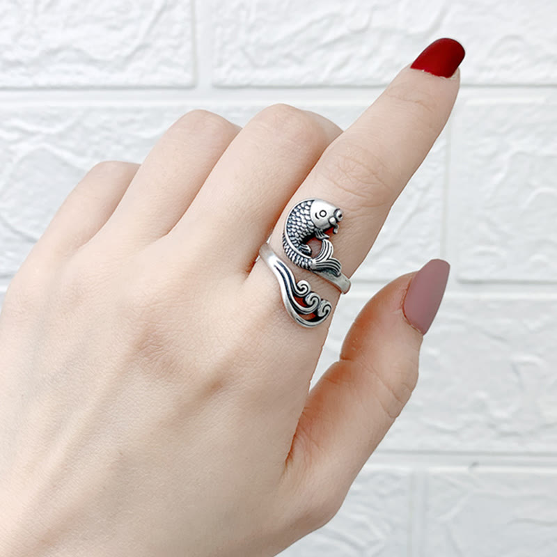 925 Sterling Silver Koi Fish Water Ripple Adjustable Ring