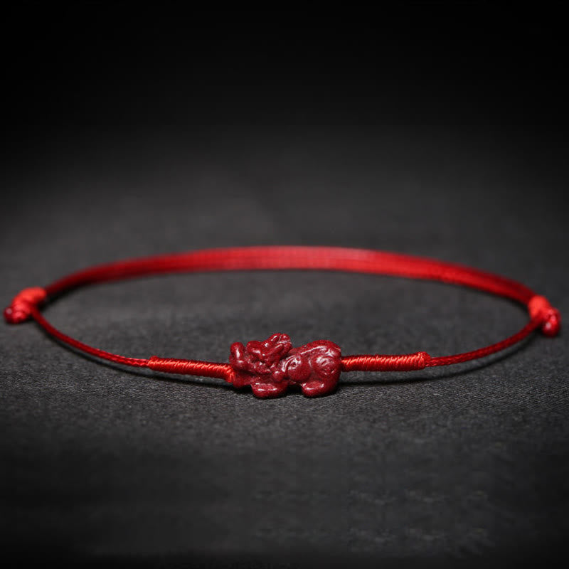 Handmade Cinnabar Braided Red String Bracelet with Carved Symbolic Charms