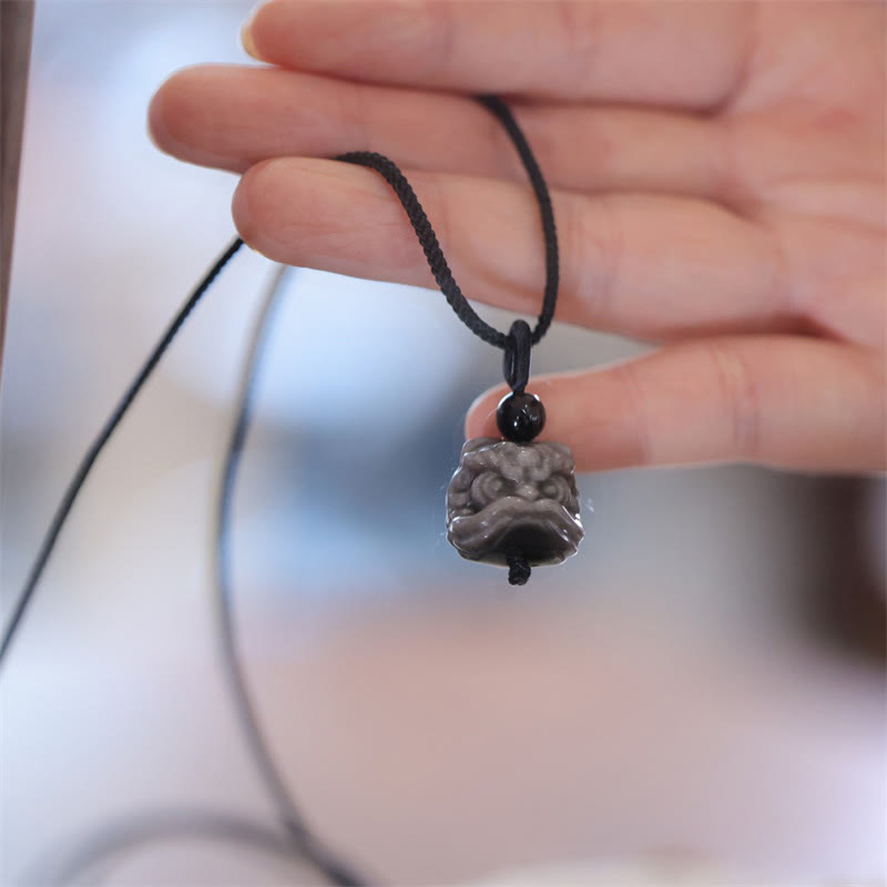Natural Silver Sheen Obsidian Dancing Lion Protection Necklace Pendant