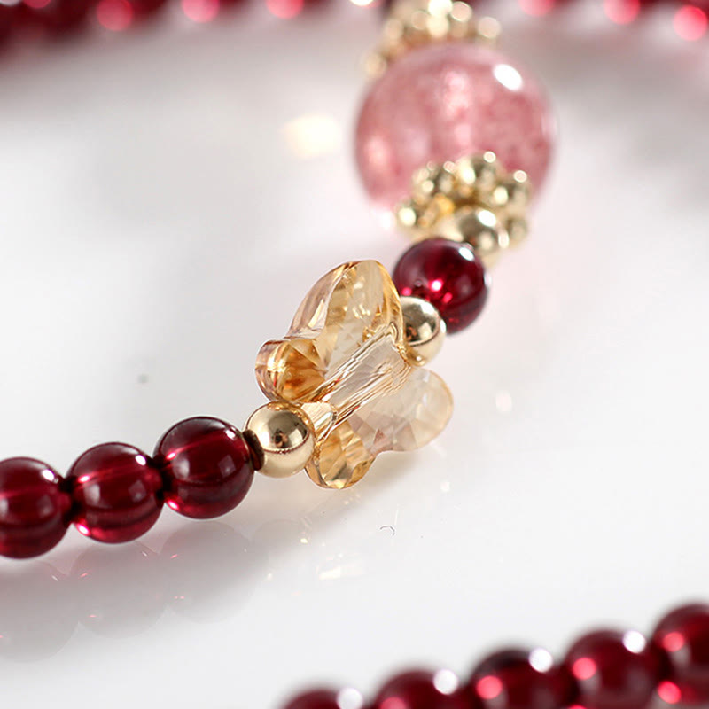 14K Gold Plated Natural Garnet Strawberry Quartz Butterfly Protection Double Wrap Bracelet