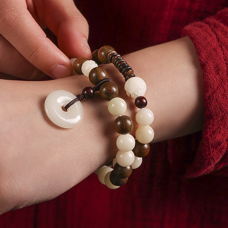 Bodhi Seed Green Sandalwood Lotus Peace Buckle Harmony Double Wrap Bracelet