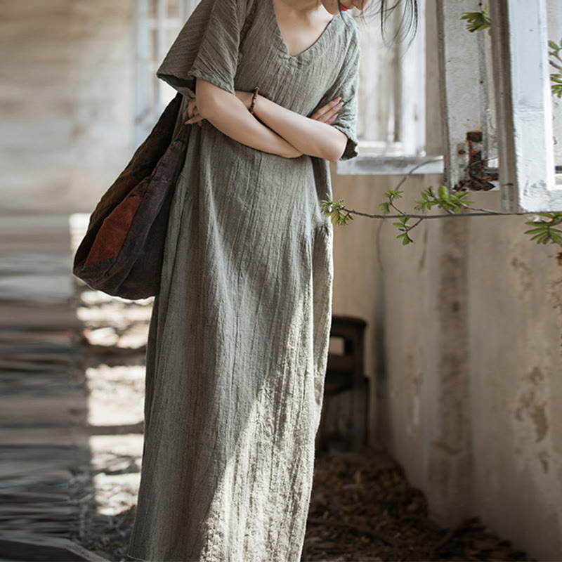 Handmade Tie Dye V-Neck Midi Dress Linen Short Sleeve Dress