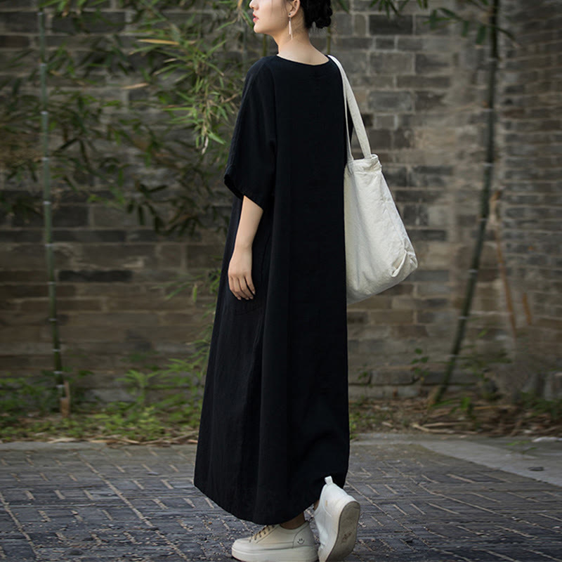 Solid Color V-Neck Half Sleeve Ramie Linen Midi Dress With Pockets