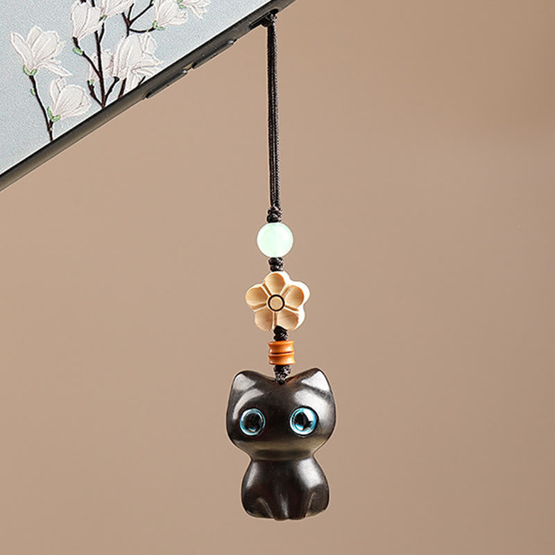 Hand-Carved Lucky Cat Wood Charm with Green Aventurine, Boxwood & Olive Wood Phone Keychain