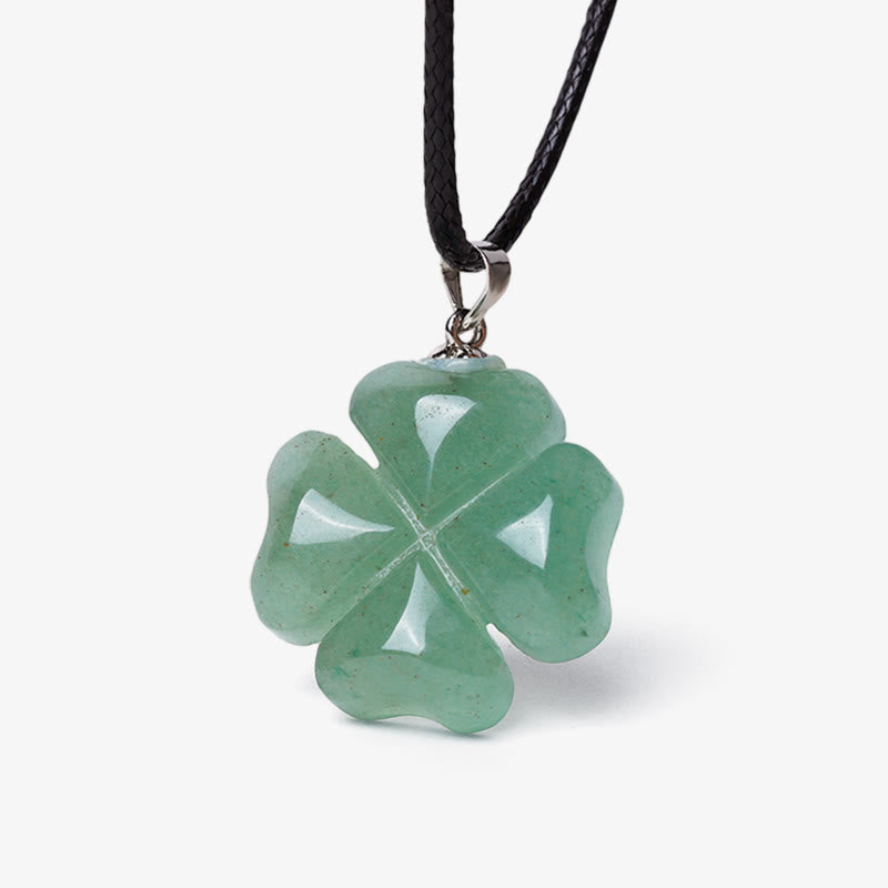 925 Sterling Silver Green Aventurine Four Leaf Clover Luck Leather Rope Necklace Pendant