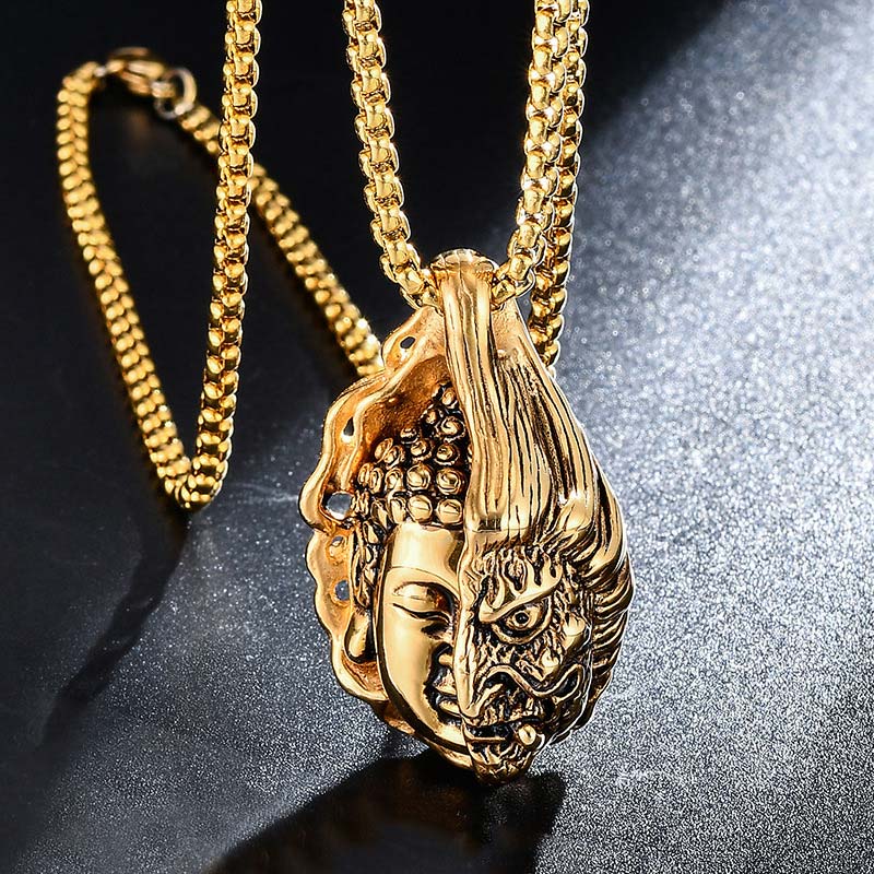 Dualistic Half Buddha Half Devil Titanium Steel Pendant Necklace for Men and Women