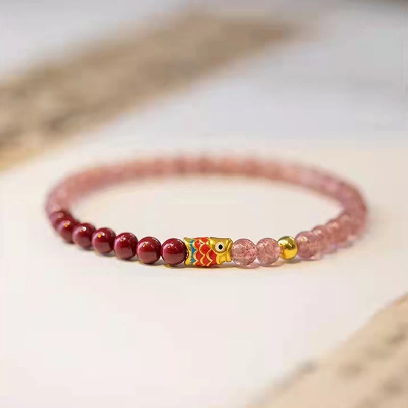 Natural Strawberry Quartz Cinnabar Lucky Koi Fish Healing Bracelet