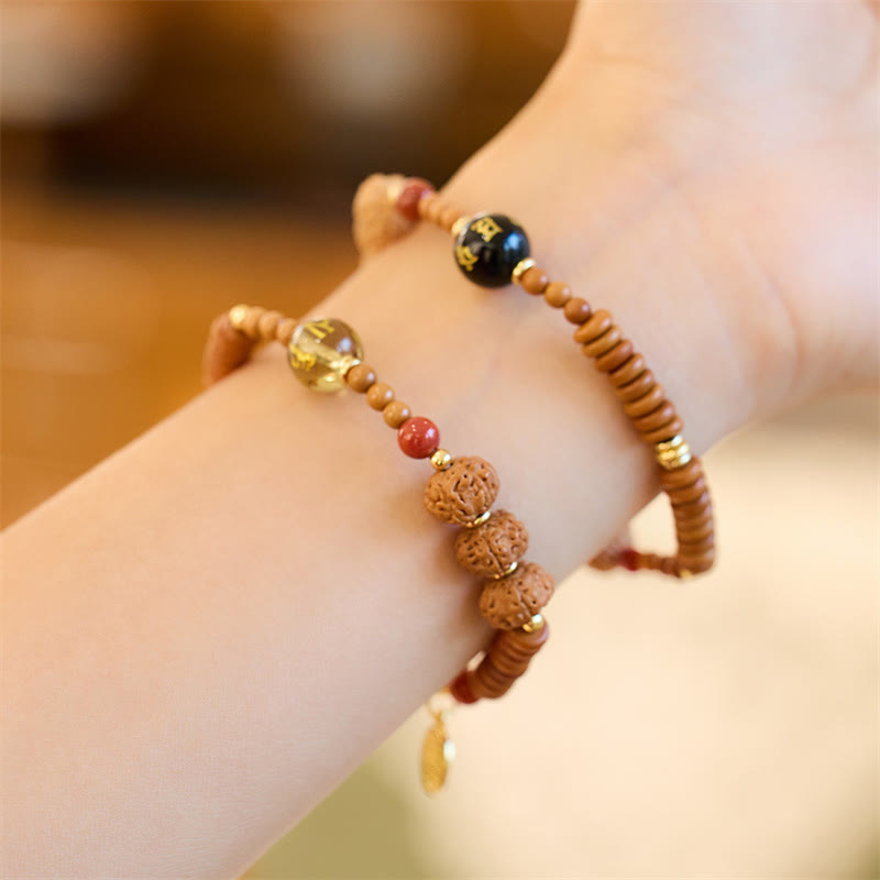 Tibetan Bodhi Seed Om Mani Fu Gold Copper Gemstone Bracelet with Red Agate & Olive Wood