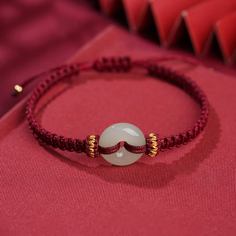 Hand-Braided Jade Ping An Kou Red String Adjustable Bracelet