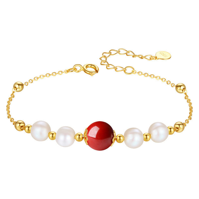 925 Sterling Silver Cinnabar and Pearl Bead Chain Adjustable Bracelet