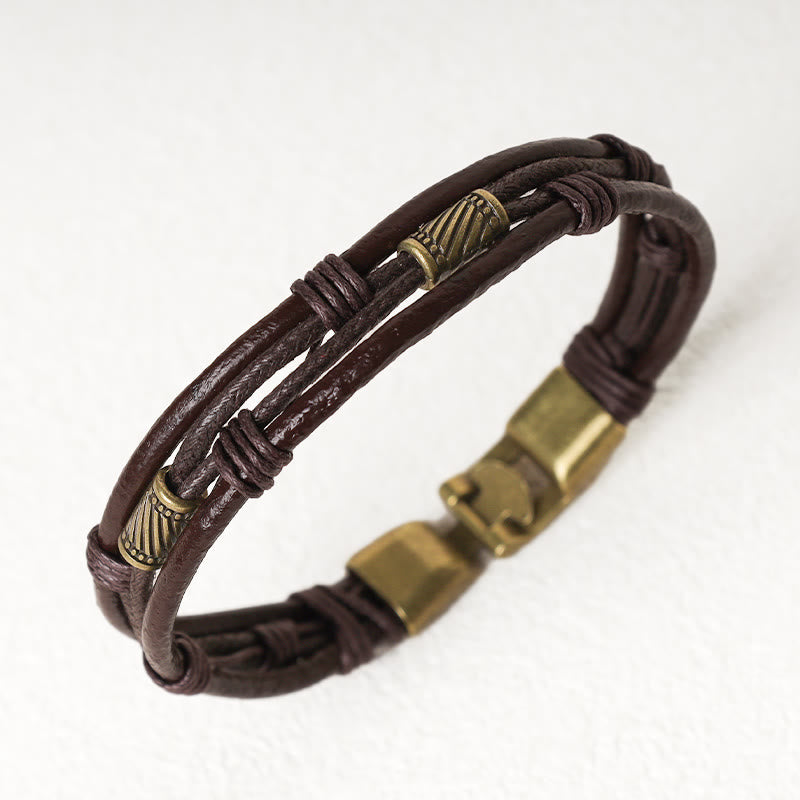 Vintage Leather Wrist Band Brown Rope Layered Bracelet Bangle
