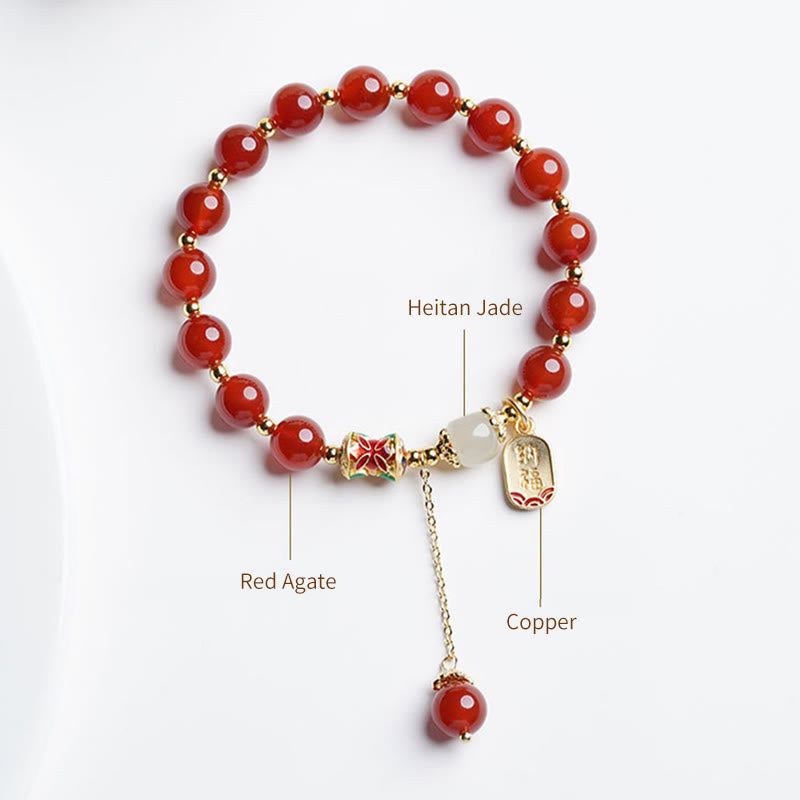 Natural Red Agate and Hetian Jade Copper Fu Symbol Beaded Charm Bracelet