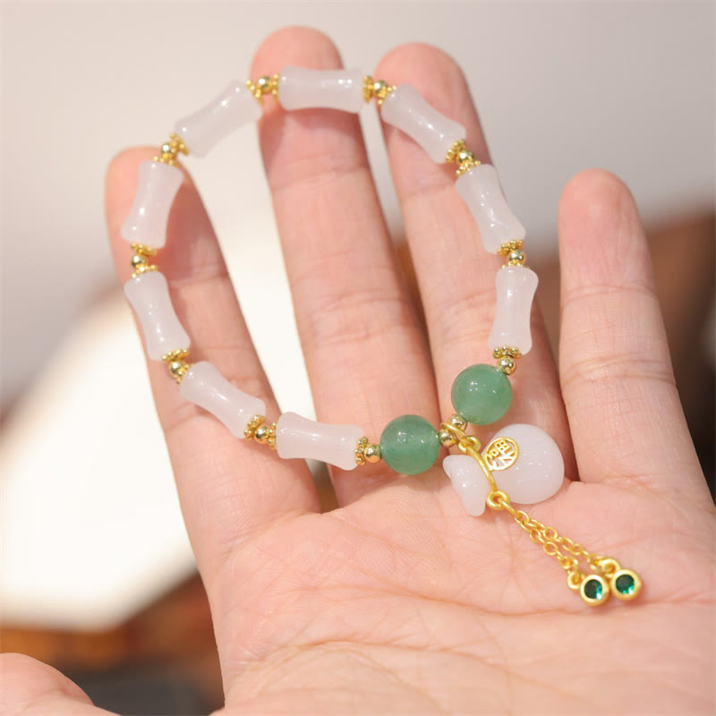 Natural White Golden Silk Jade and Green Aventurine Bamboo Pattern Fu Character Charm Bracelet