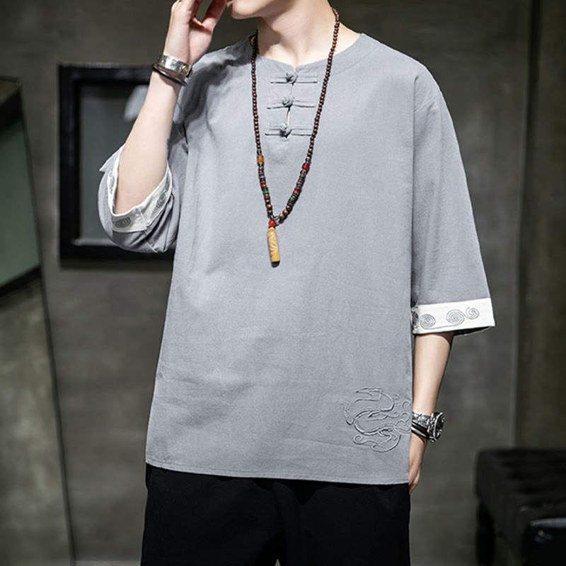 Frog-Button Dragon Embroidery Chinese Tang Suit Three Quarter Sleeve Shirt Cotton Linen Men Clothing