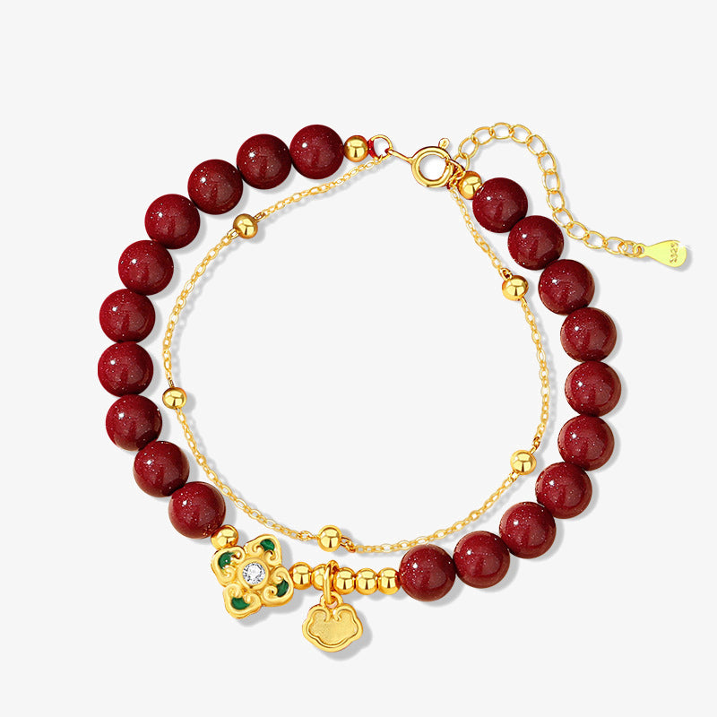 Natural Cinnabar & 925 Sterling Silver Four-Leaf Clover Longevity Lock Chain Bracelet