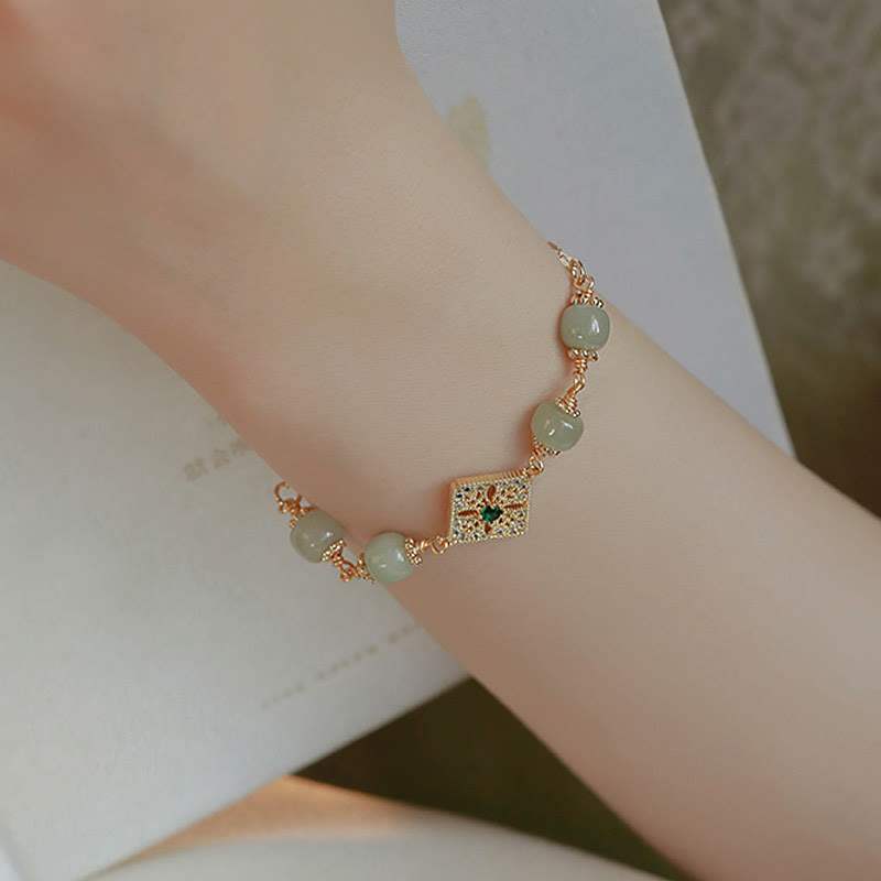 Handcrafted Natural Hetian Jade Bead Square Pattern Chain Bracelet