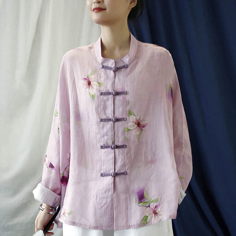 Pink Flower Print Frog-button Design Batwing Long Sleeve Ramie Linen Jacket Shirt