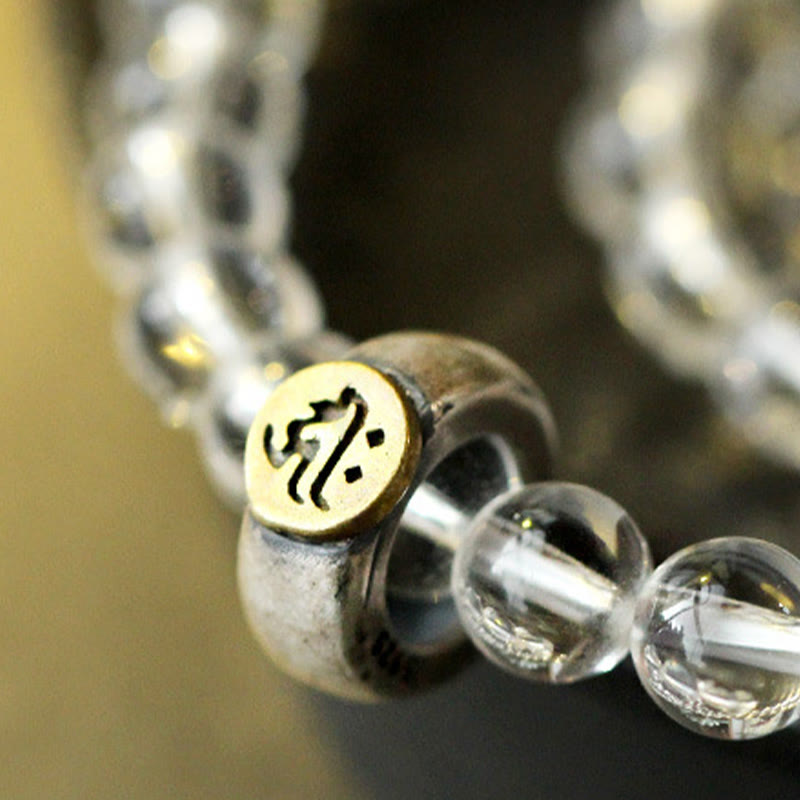 925 Sterling Silver Chinese Zodiac Natal Buddha White Crystal Meditation Triple Wrap Bracelet
