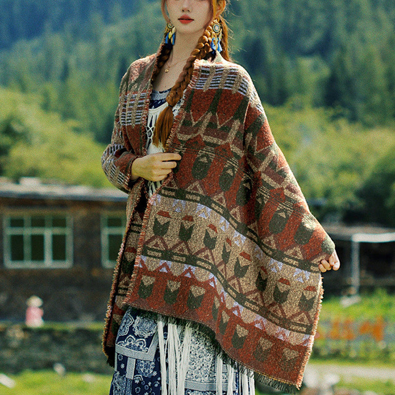 Tibetan Shawl Classic Geometry Pattern Winter Cozy Travel Scarf Wrap