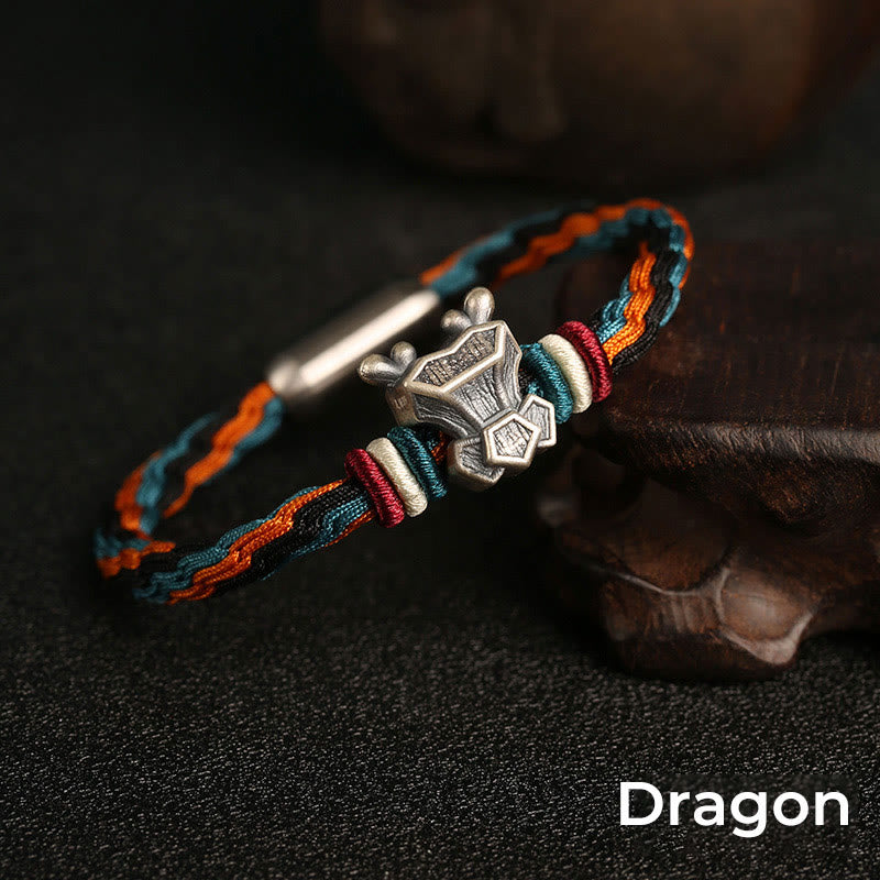 Handmade 999 Sterling Silver Year of the Dragon Chinese Zodiac Protection Colorful Reincarnation Knot Rope Bracelet