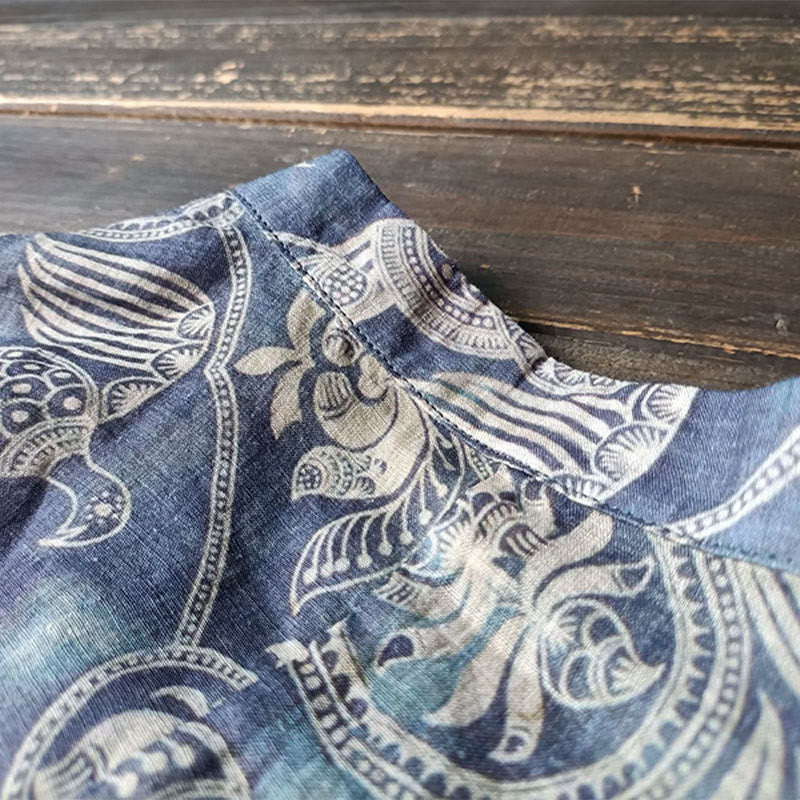 Birds Flowers Geometry Frog-Button Long Sleeve Ramie Linen Jacket Shirt