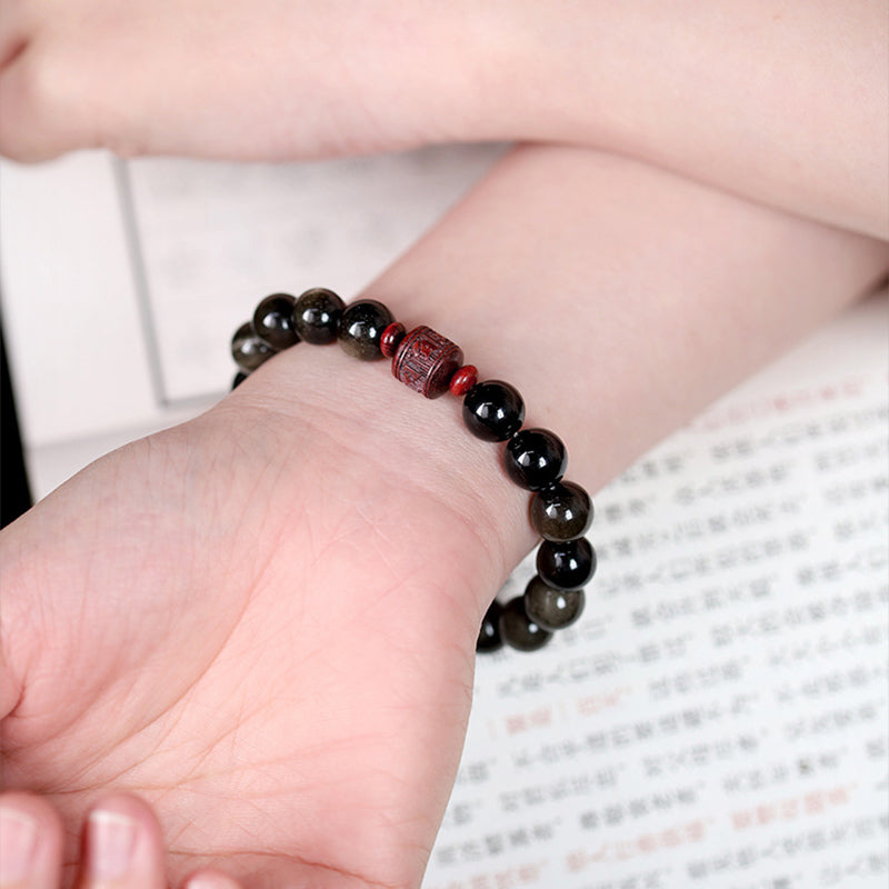 Natural Gold Sheen Obsidian Rainbow Obsidian Om Mani Padme Hum Fu Character Healing Bracelet