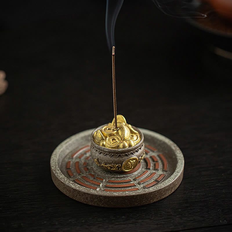 Ceramic Bagua Tray & Symbolic Wealth Vessel Stick Incense Burner