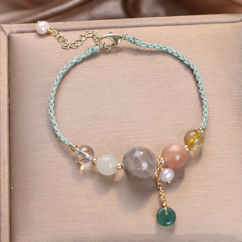 Multi-Gemstone Rope Bracelet with Moonstone, Sunstone, Hetian Jade & Ping An Kou Charm
