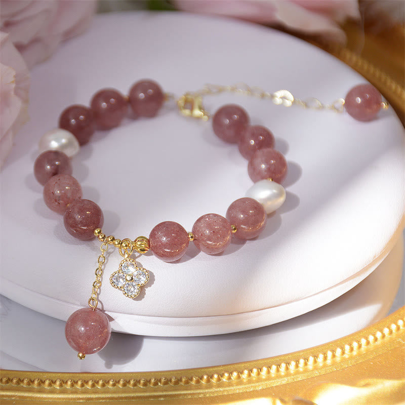 Natural Strawberry Quartz and Pearl Four-Leaf Clover Charm Bracelet