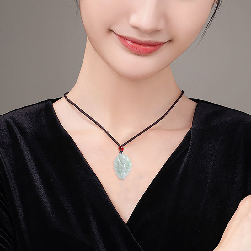 Natural Jade Nine Tailed Fox Luck Prosperity Necklace Pendant