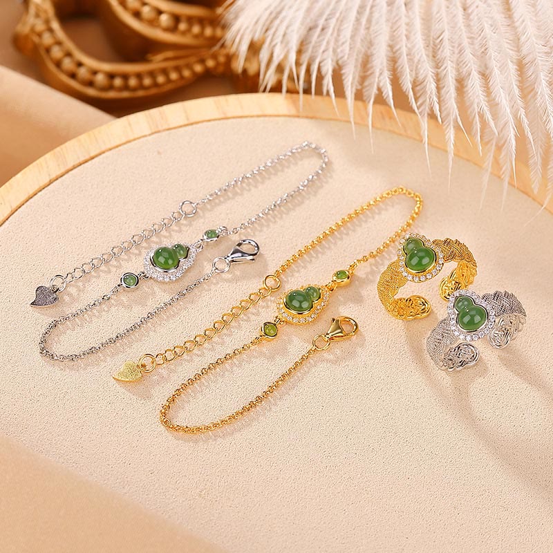 925 Sterling Silver Plated Gold Natural Hetian Cyan Jade Gourd Luck Bracelet Ring Set