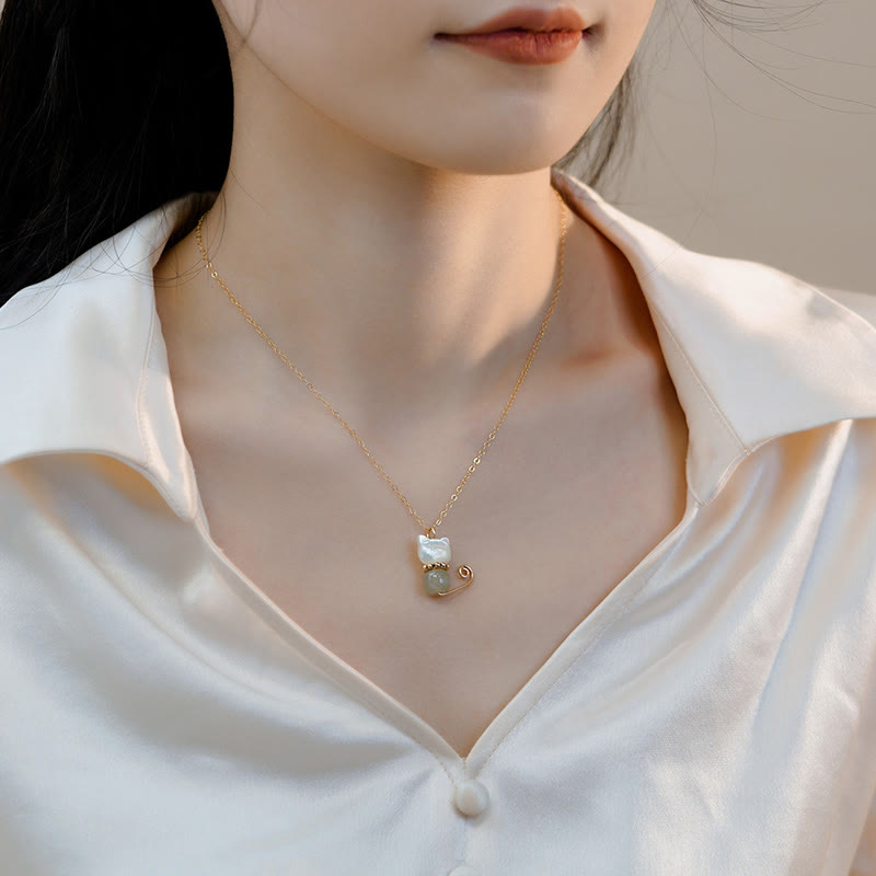 14K Gold Plated Pearl Hetian Jade Shell Luck Cat Kitten Necklace Pendant