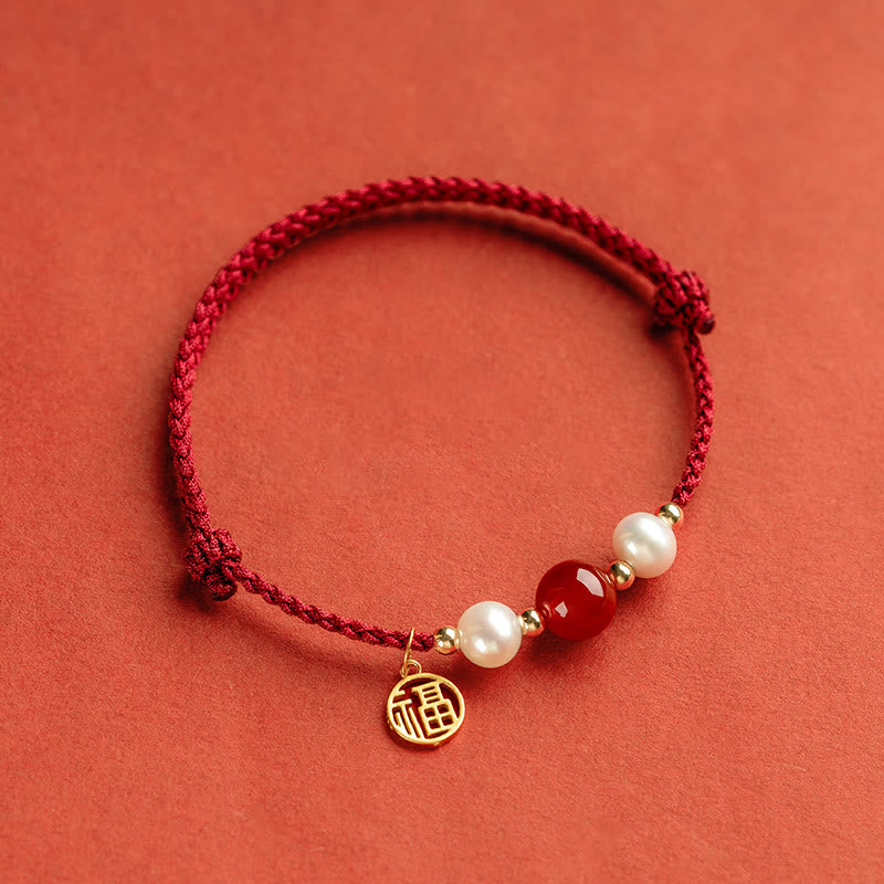 925 Sterling Silver Fu Prosperity Charm Agate Pearl Red String Braided Bracelet
