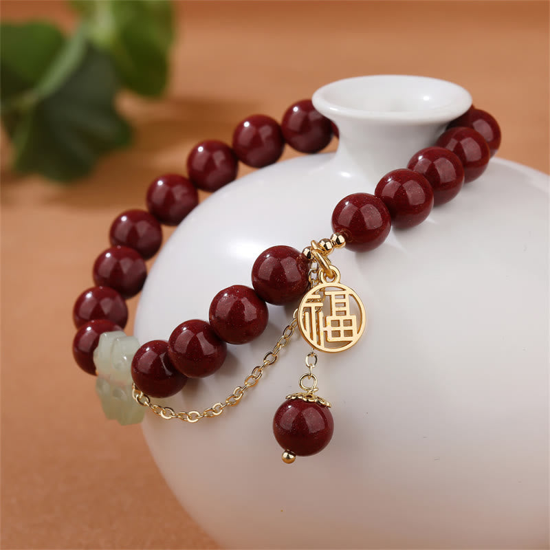 Natural Hetian Jade and Cinnabar Fu Character Clover Beaded Elastic Bracelet