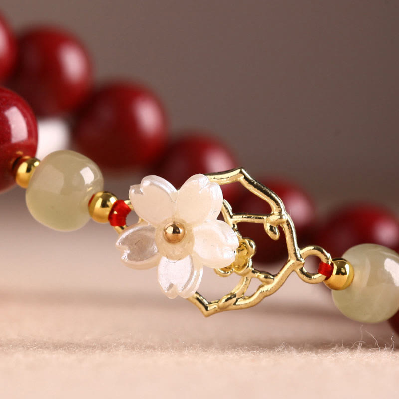 Natural Cinnabar Jade Beaded Tridacna Stone Flower Blessing Bracelet