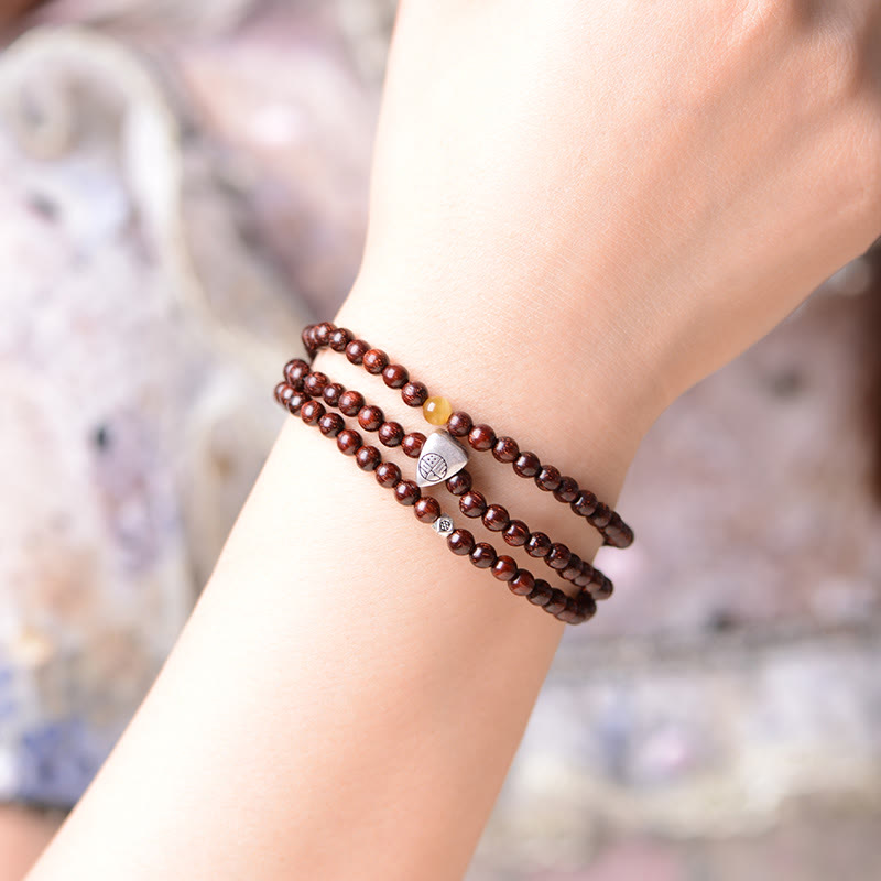 925 Sterling Silver Indian Small Leaf Red Sandalwood Fu Character Protection Triple Wrap Bracelet
