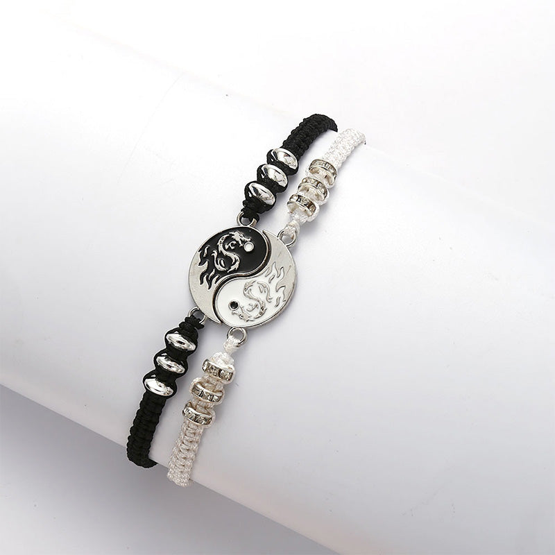 Handmade Yin Yang Dragon Couple Bracelet Set - 2pcs Adjustable Relationship Anchors